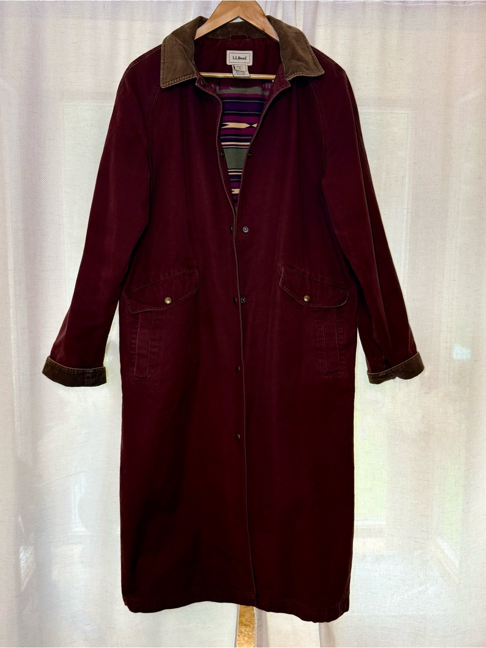 L.L. Bean Burgundy Long Trench Coat with Corduroy Trim and Aztec Print Inside